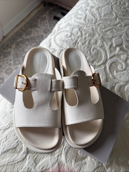 Charles & Keith Shoes - Charles & Keith Cream Slide Sandals with Gold Buckles